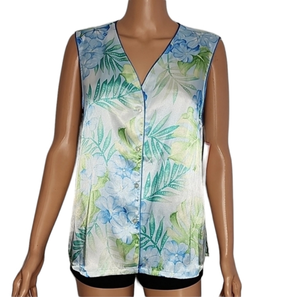 Vtg Oscar de la Renta Pink Label Satin Pajama Top Size L Green Floral Sleeveless
